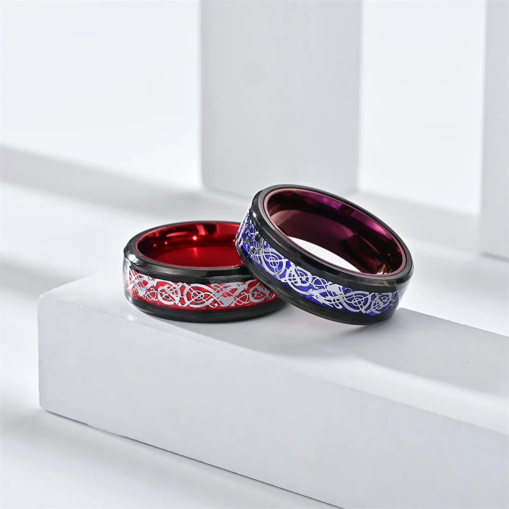 

Purple 8mm Men's Stainless Steel Celtic Dragon Ring with Blue Carbon Fiber Inlay Wedding Band Jewelry Gift