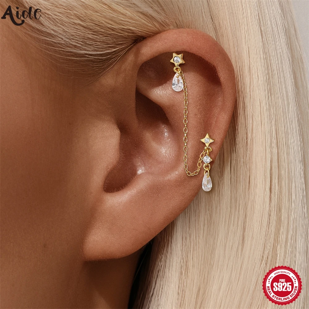 Aide 925 เงินสเตอร์ลิงพู่ Star แขวนต่างหูหูคู่ Studs Zircon Punk ต่างหูหูคลิปเจาะหัวเข็มขัดเครื่องประดับ