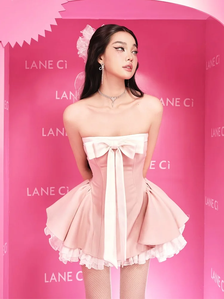 

Розовый топ-бандо с узлом и пышная короткая юбка А-силуэта для дня рождения, легкое повседневное платье для свиданий, с завышенной талией