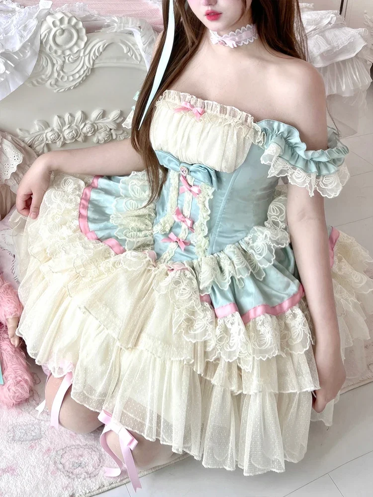 Girls Ballet Lolita Princess Dresses Women High Waist Slim-Fit  Bow Lace Birthday Party Evening Dress 2024 Summer Dress Y2k Jsk