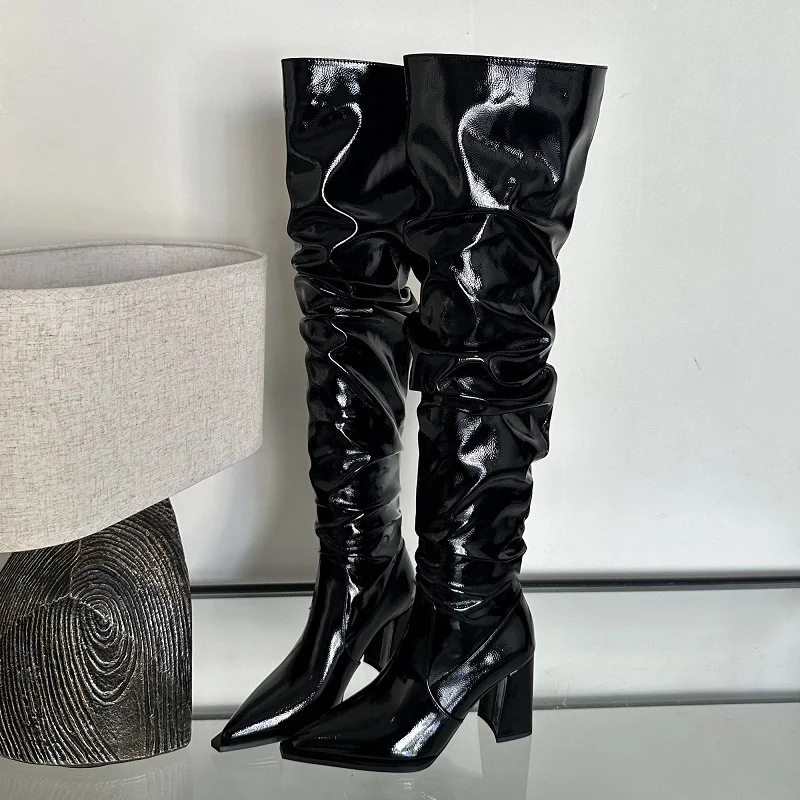 

Aneikeh/уличный стиль, модная обувь на квадратном каблуке, плиссированные высокие длинные ботильоны, зимние женские сапоги выше колена с острым носком