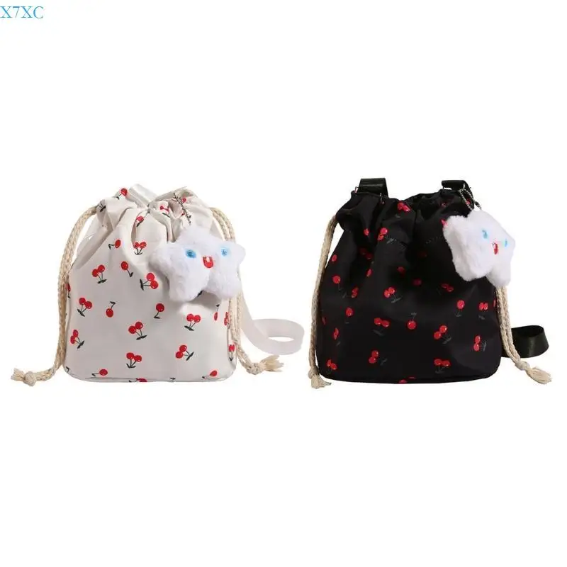 

X7XC Cherries Pattern Bucket Bag for Women Trend Drawstring Crossbody Shoulder Bag