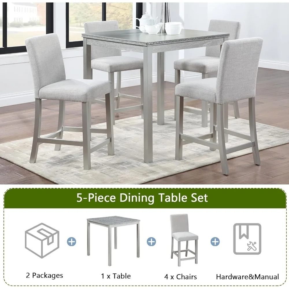 طقم طاولة طعام بارتفاع لـ 4 أشخاص، طقم طاولة مطبخ من الخشب الصلب مع 4 كراسي منجدة للمطبخ وغرفة الطعام والمنزل #2