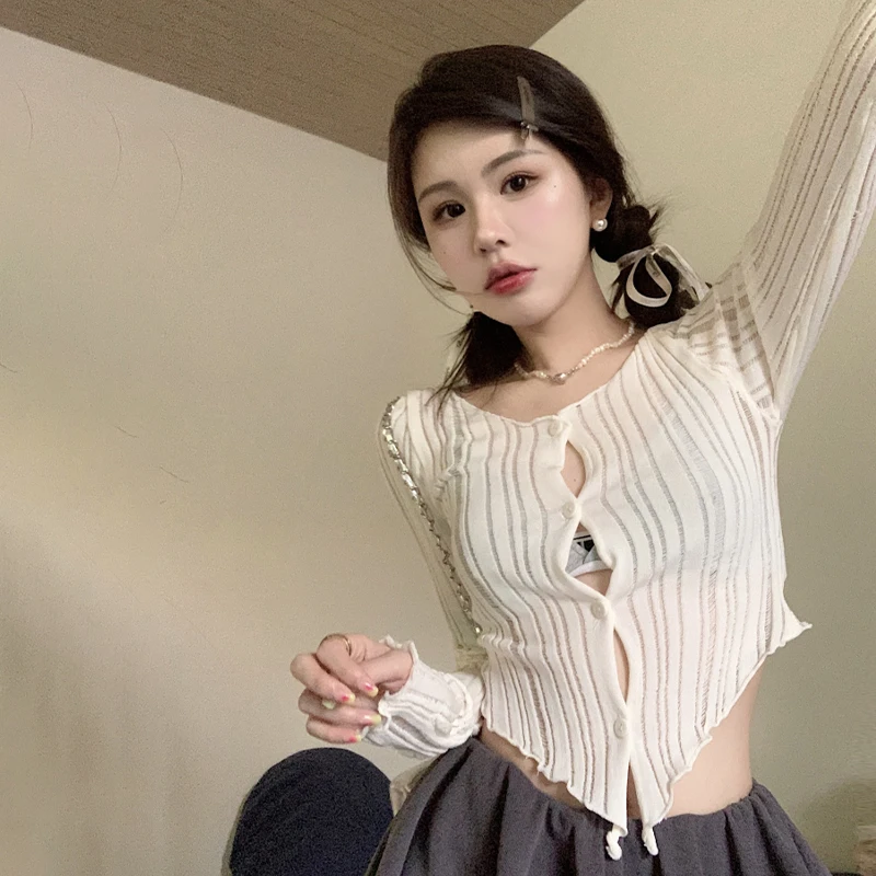 Women Sweater Irregular Ribbed Crop Top Knitted Long Sleeve Hollow Out Pullover