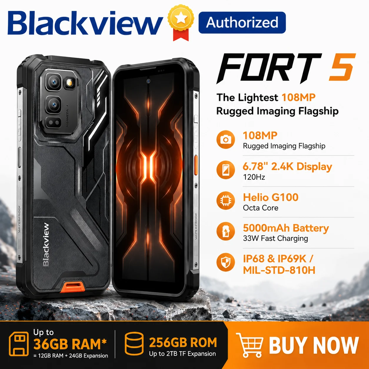 Blackview FORT 5 Rugged Smartphone 6.78'' 2.4K 120Hz Display 5000mAh Battery 12GB+256GB 108MP Camera Android 16 NFC Cell Phone
