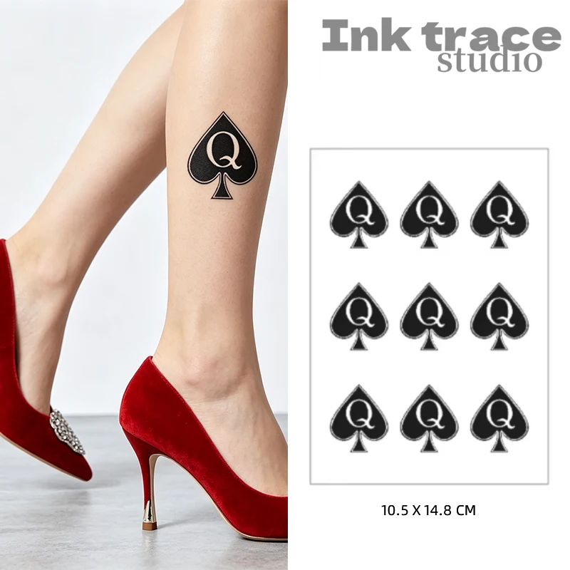 Q of Spades Tattoos Waterproof Temporary Tattoo Stickers Tatouage Stitch Fake Tatoo Body Art Flash Tattoo Henna Tatoo Men
