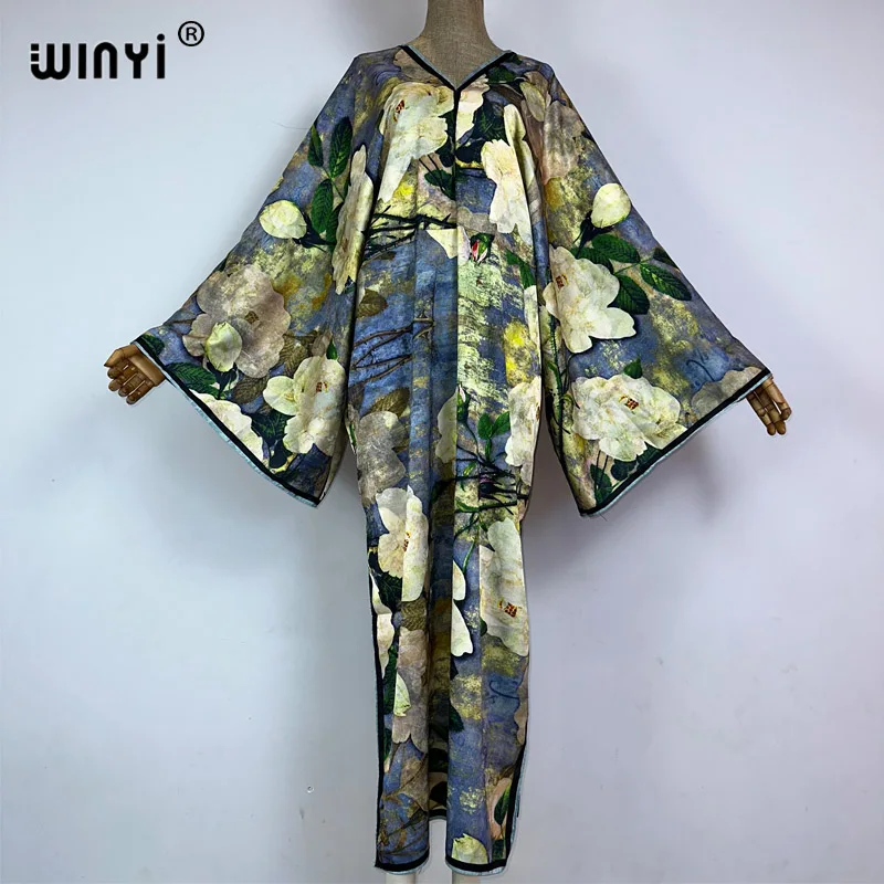 

WINYI Bohemian Summer Beach Dress High Quality Double Sided Boho Print Middle East silk maxi dress Women Evening party kaftan