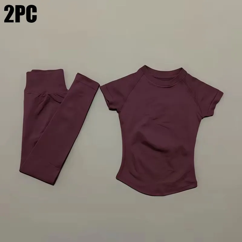 imact L0g0 2-delig sportpak met korte mouwen, naadloze yoga-top, fitnesspak, dames workout, hardloopsportbroek, fitnesspak - afbeelding 1