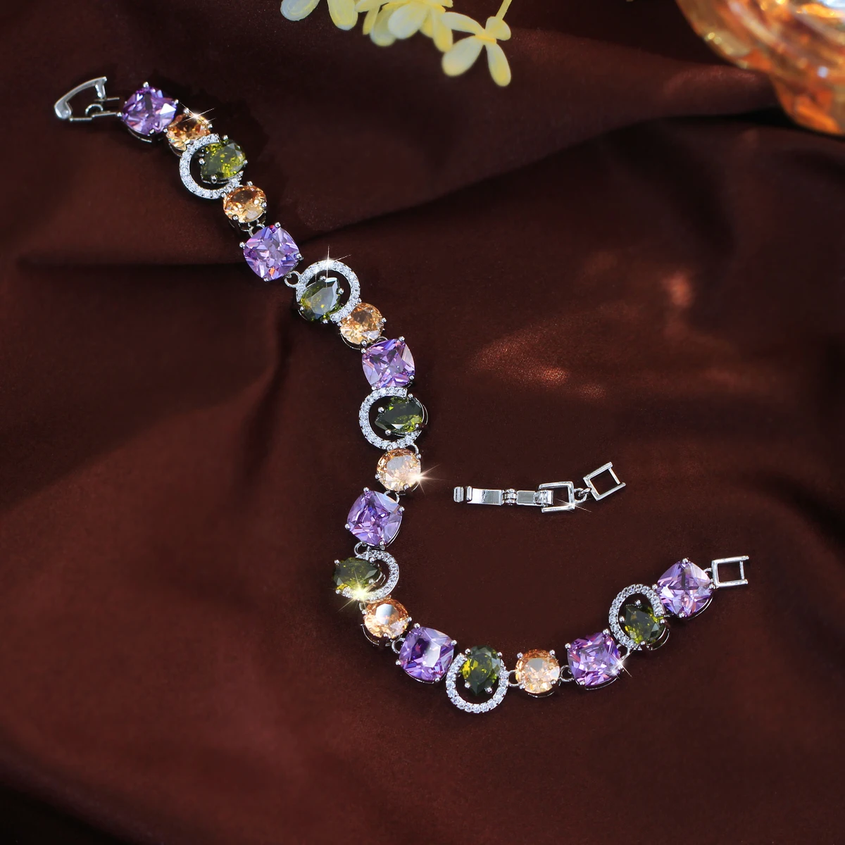 CWWZircons Genuine Cubic Zirconia Sparkling Purple Olive Green CZ Stone Charm Female Engagement Party Bracelets Jewellery S0216