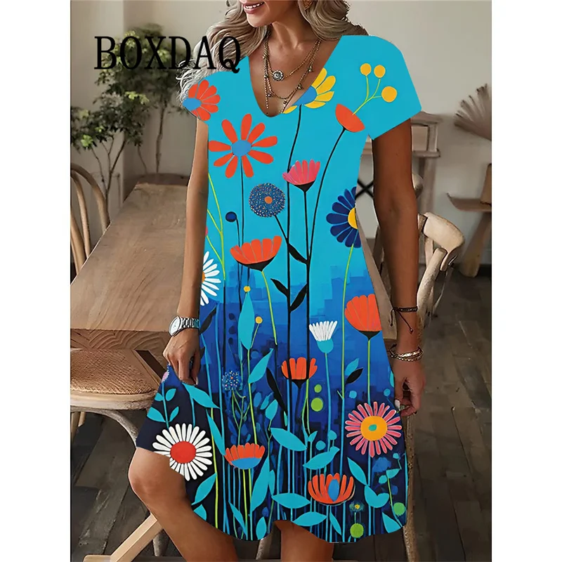 فستان نسائي صيفي جديد لعام 2025 فستان أنيق مثير بياقة على شكل حرف v فضفاض على شكل حرف a عتيق مطبوع عليه زهور وأكمام قصيرة فساتين نسائية غير رسمية للشارع