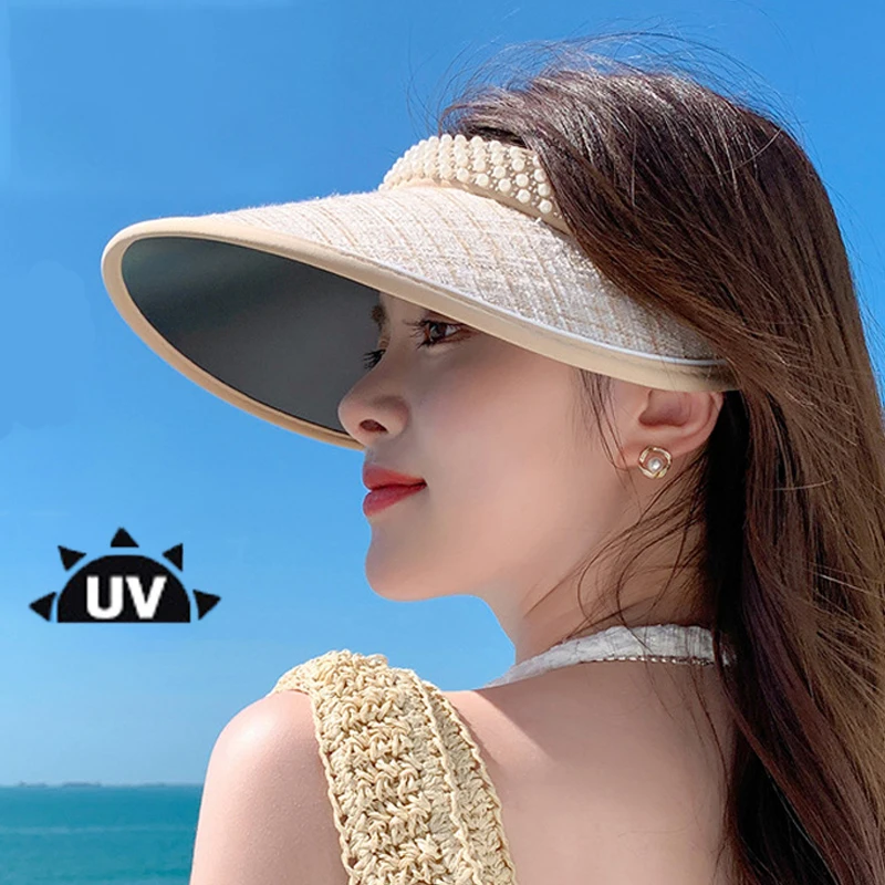 Summer Large Brim Sun Hats for Women Korea Fashion Empty Top Cap Pearl Headband UV Protection Hat Female Visor Beach Accessories