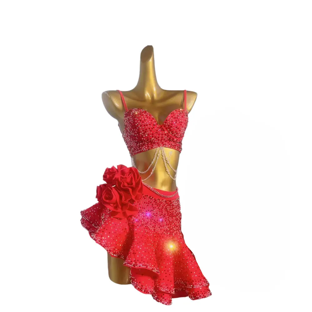 Latin Dance International Stage Women's High-end Custom Double Diamond Rose Skirt Samba Rhinestone Performance Costume dress