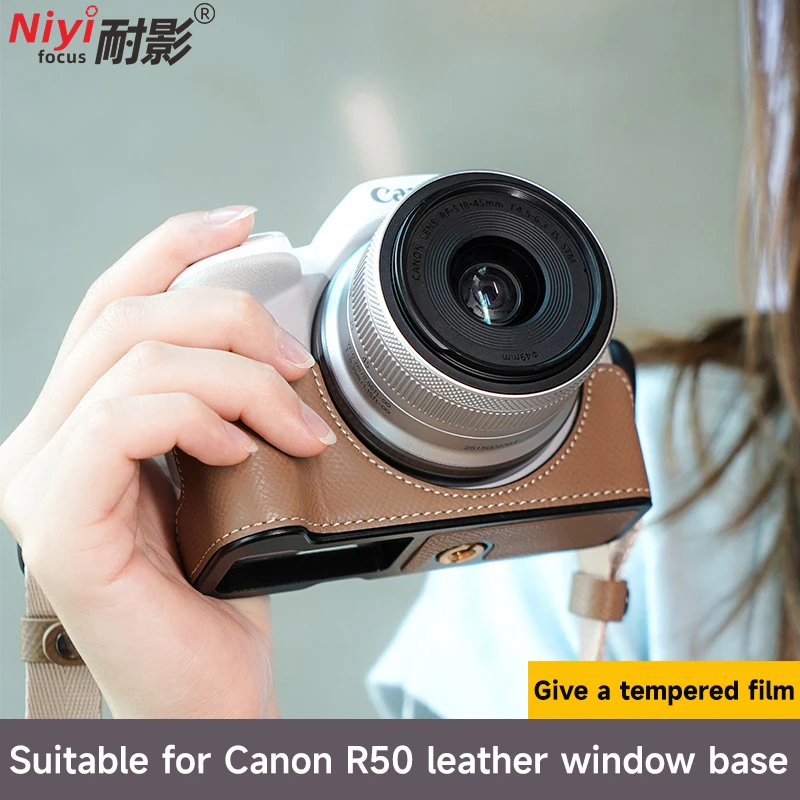 Kameratasche aus echtem Leder für Canon EOS R50 Kamera, Halbkörperabdeckung, untere Batterieöffnung, Canon R50-Zubehör