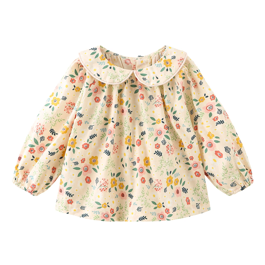 Girls Lapel Blouse With Floral Shirt Long-Sleeve Spring Fall Cotton Flower Blouses Children Girl Peter Collar Tops Kids Clothes