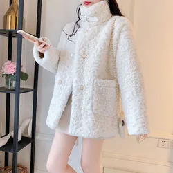 Thick Imitate Fur Jacket Female Autumn And Winter 2024 New Style Korean Loose Wild Lamb Hair Short Coat Green Button Outwear