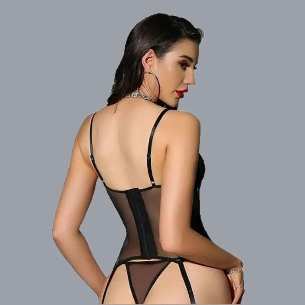 Women Lace Corset Set Underwire Floral Embroidery Mesh Bustier Garter Straps Thong Stockings Fishbone Buckle 3 Piece Nightwear view 6