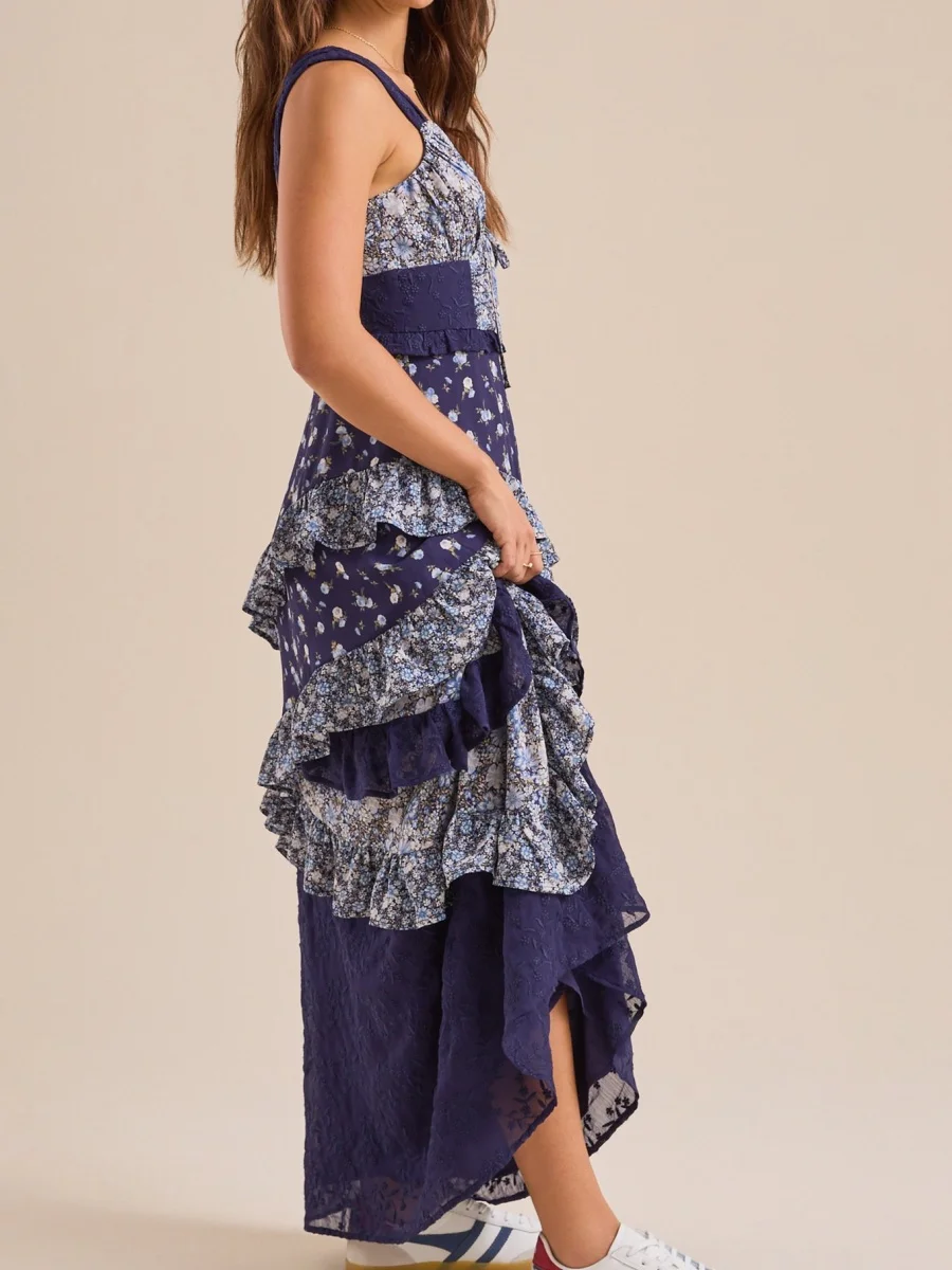 Women Y2k Floral Patchwork Dress Boho Ruffle Smocked Maxi Dress Sleeveless Flowy Summer Beach Sundress 90s 00s Vintage Clothes