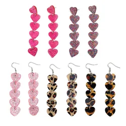 New Leopard 6-Hearts Acrylic Long Dangle Earrings for Women Pink Glitter Love Hanging Earring Jewelry Valentine's Day Gifts