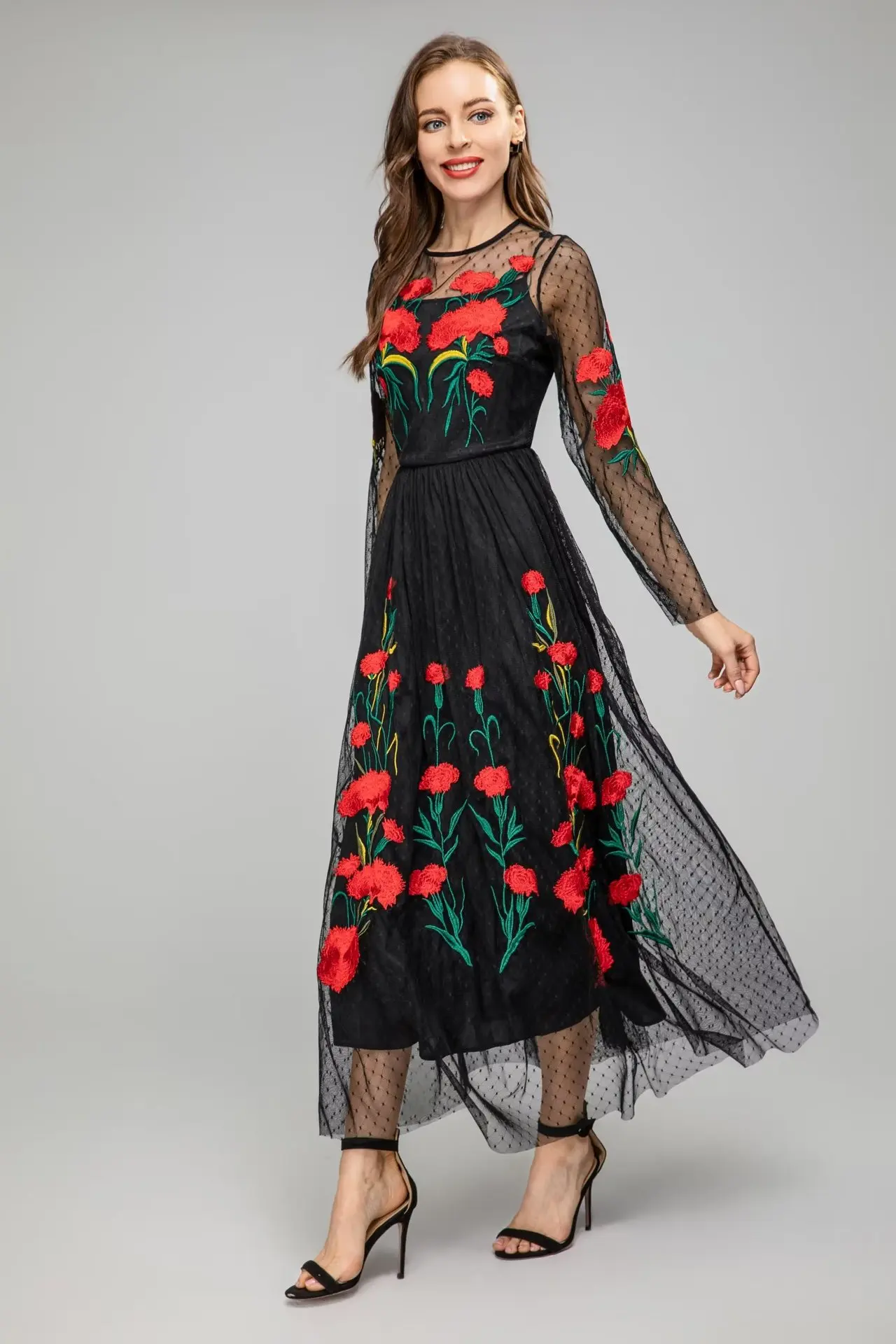 Vestidos femininos o pescoço mangas compridas bordado floral em camadas elegante moda maxi vestidos