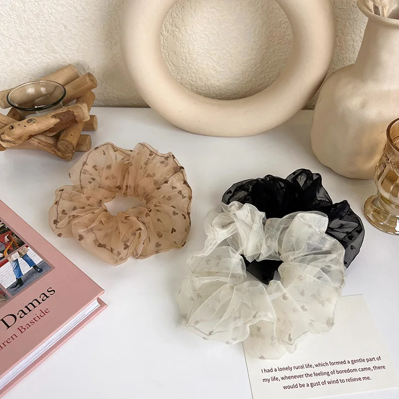 الكورية شبكة حبل الشعر مع طباعة القلب ، ذيل حصان شفاف تول ، رومانسية الشعر التعادل ، اكسسوارات الصيف ، Hot