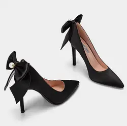 31-44 Bowknot Thin High Heel Wedding Shoes Women Red Wedding Shoes Elegant Medium Low Heel Pumps Pink
