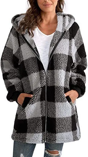 Fall and Winter Jacket Female 2023 Fashion New Long-sleeved Plaid Hooded Zipper with Pockets Loose Casual Coat