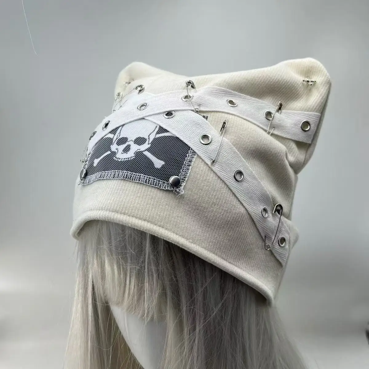 Punk Gothic Knit Cat Ear Hat Skull Crossbones Patch Multi Safety Pin Eyelet Strap Design Dark Alternative Streetwear Beanie