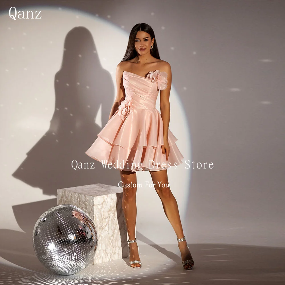 

Qanz Nude Pink Organza Prom Dresses Strapless Flowers Short A Line Birthday Dress Women Backless Vestidos De Festa Customized