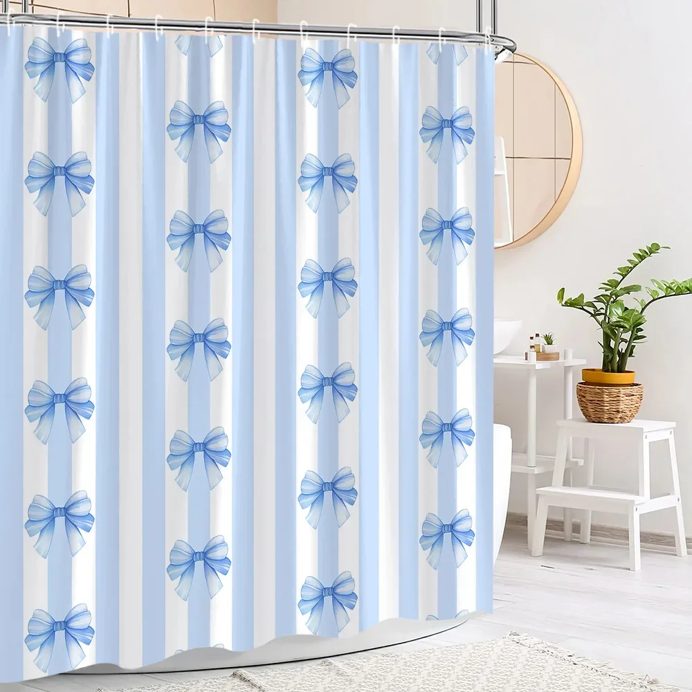 Tenda da doccia con fiocco blu carino, plaid a righe alla moda, regalo per le vacanze delle ragazze, tende da doccia in tessuto poliestere, arredamento per il bagno con ganci