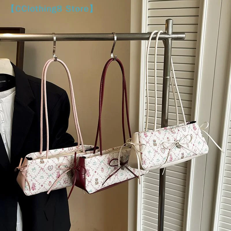 

Sweet Bow Shoulder Bag Cartoon Print Underarm Bag Female Tote Bag Versatile Large Capacity Commuter Handbag Holiday Gift【AliS8】