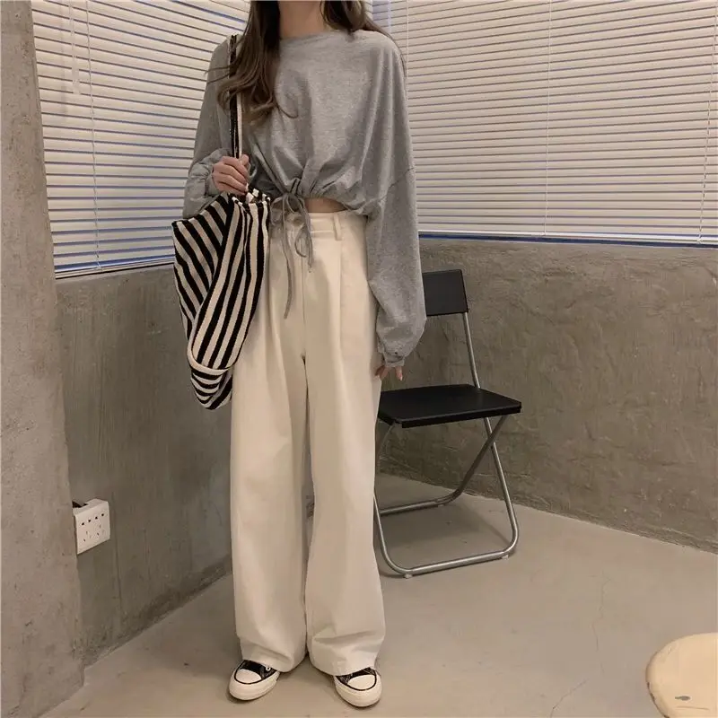 Jersey holgado de cintura alta para mujer, Jersey corto blanco de manga larga, Top corto de estilo coreano para otoño