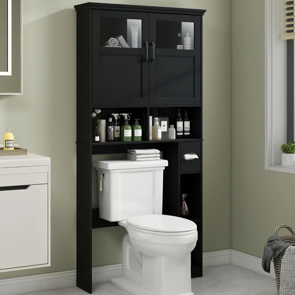 Over The Toilet Storage Cabinet, Storage Cabinet Over Toilet with Double Doors & Toilet Paper Holder Stand