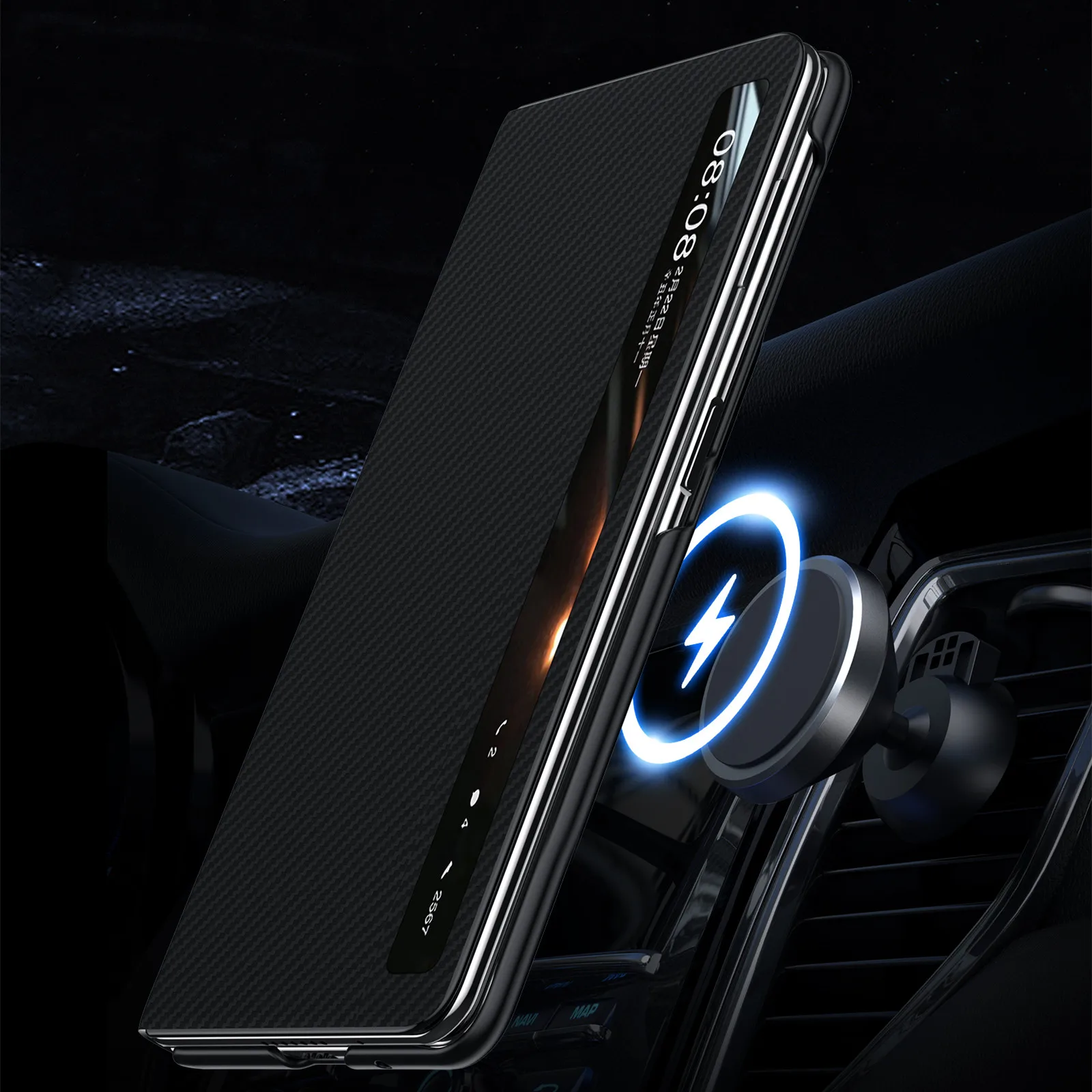 Sulada Luxury Carbon Fiber Pattern Leather Magsafe Case For Honor Magic V3 VS3 MagicV3 Card Slot Magnetic Armor Flip Cover