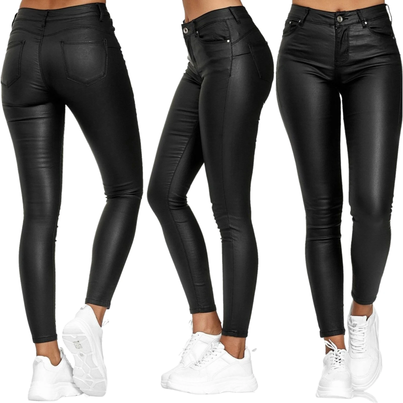 Women's Wet Look Leggings Button High Waisted Faux PU Leather Trousers Solid Color Stretchy Slim Fit Pants with Pockets