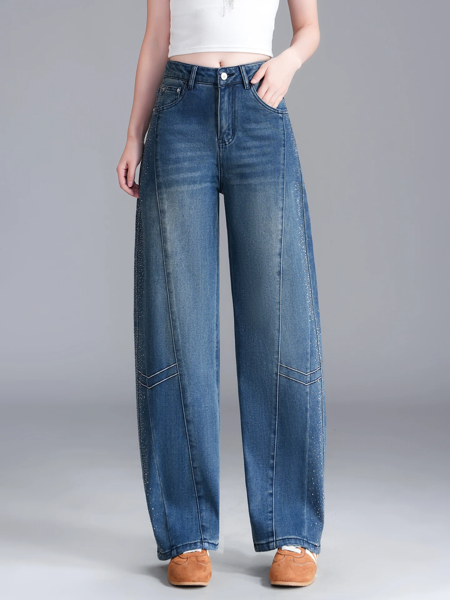 

High Waist Wide Leg Jeans Women's Spring Autumn 2026 New Style Slimming Straight Cut Rhinestone Embellished Casual Denim Pants