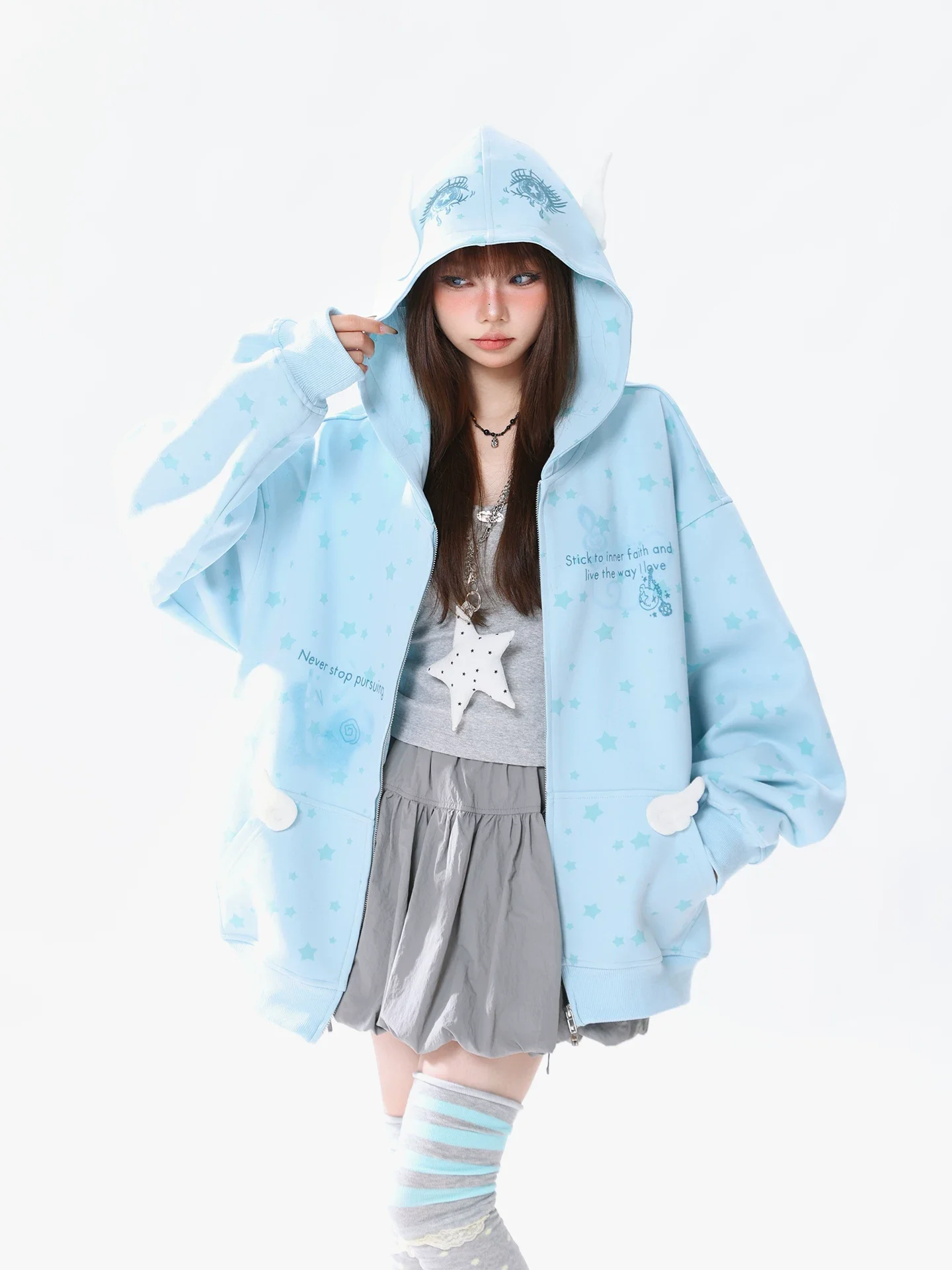 Y2K Sweet Oversized Hooded Coat for Girls Cute Eye Embroidery Long Sleeve Sweatshirt Sweet Lolita Style Star Pattern Hoodie