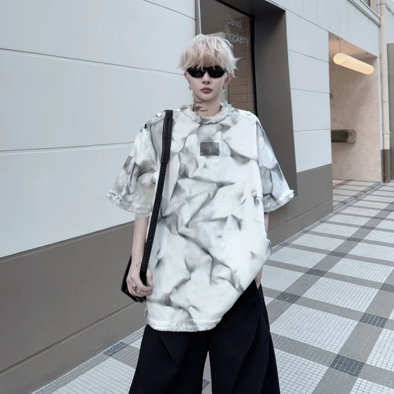 

Мужская футболка с металлическим эффектом и цифровым принтом, модный летний повседневный топ с круглым вырезом