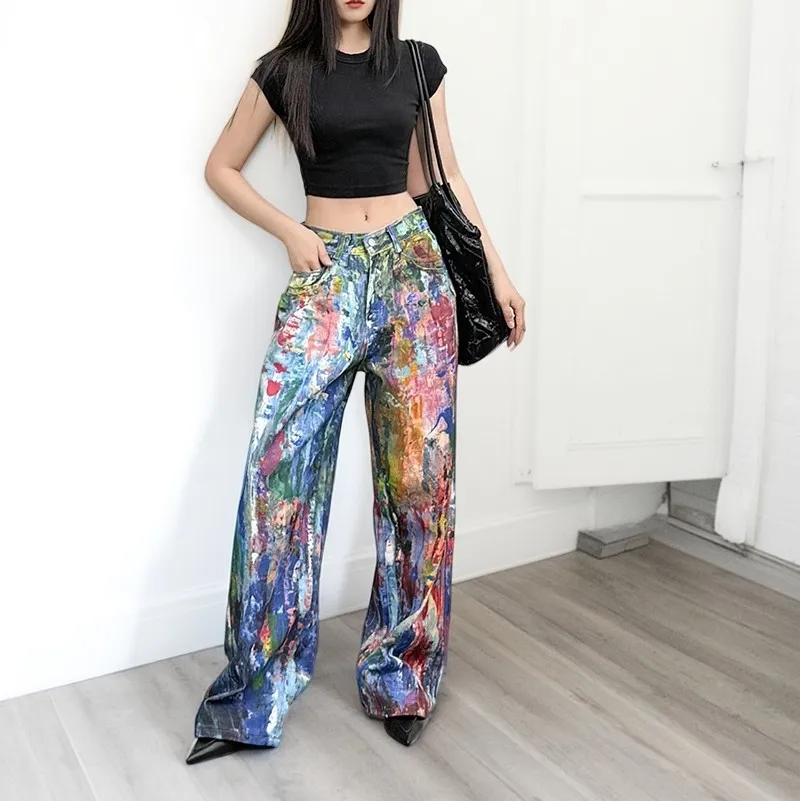 

CHIC Street Women's Jeans American Retro Dirty Print 3D Painted Denim Pants Casual Trendy Female Trousers Men