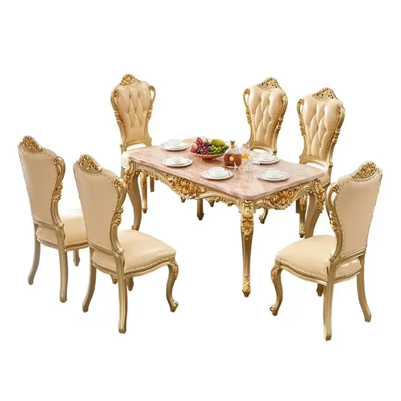 French Royal Classic 6-Seater Dining Room Set Champagne Gold Oval Table Wood Inlay Veneer Leather Chairs view 3