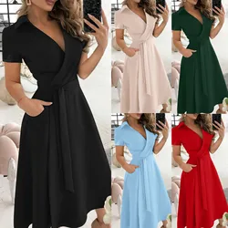 Women's Fashionable Solid Color V-neck Short Sleeved Lace Up Slim Fit Wrap Buttocks Dress Lapel Mid Length Elegant Dresses