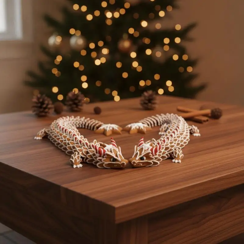 .3D Printed Articulated Gingerbread Dragon Fun Multi-Joint Ornament for Xmas Party Favor Home Decoration Gift