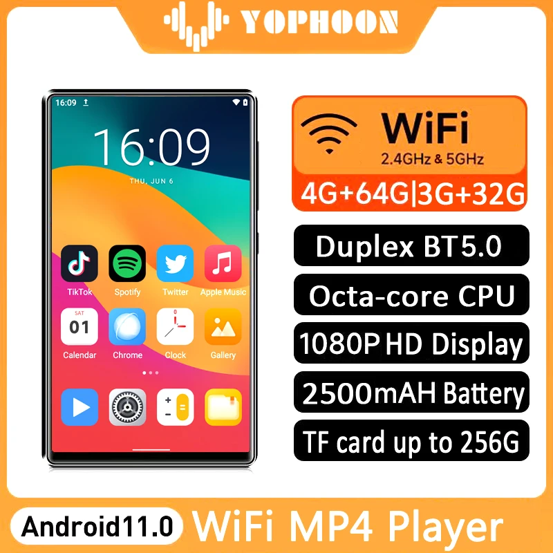 Imagem -02 - Yophoon Digital Mp3 Music Player Bluetooth 5.0 Mp4 Wifi Android 11.0 Walkman Spotify Pandora Maré Deezer