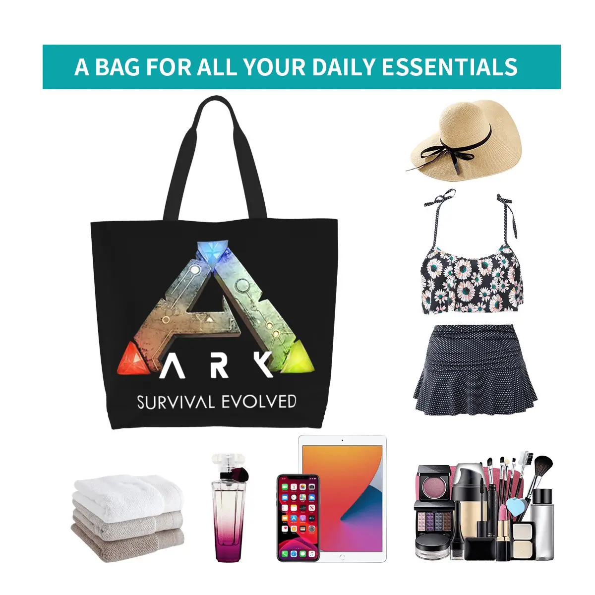 Ark Survival Evolved Sac fourre-tout noir en toile, sacs à bandoulière de grande capacité, sac à main pour courses pour femmes