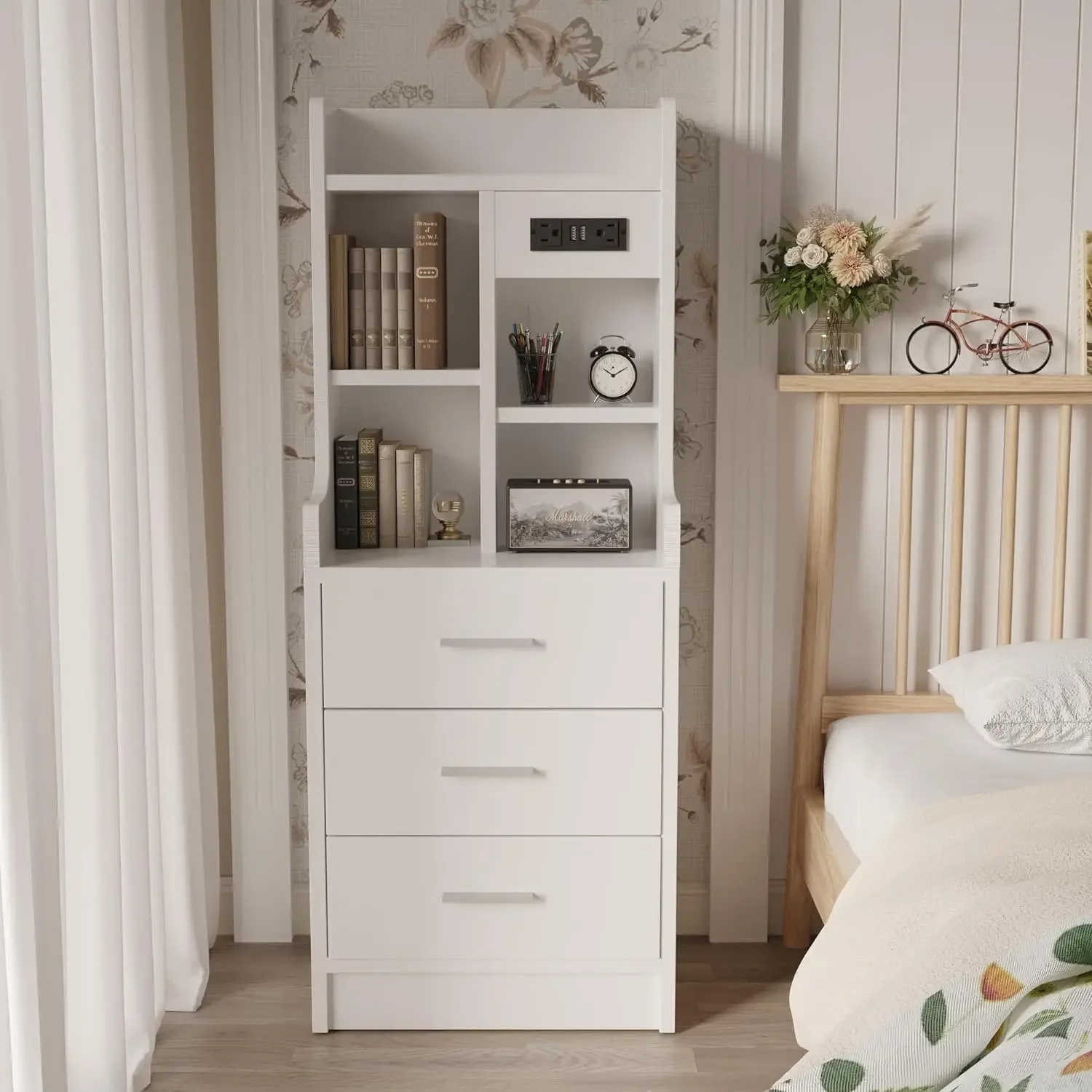 

Tall Nightstand 3 Drawers, Small Bookshelf with Adjustable Shelves, Charging Station and USB Ports, End Table with Storage