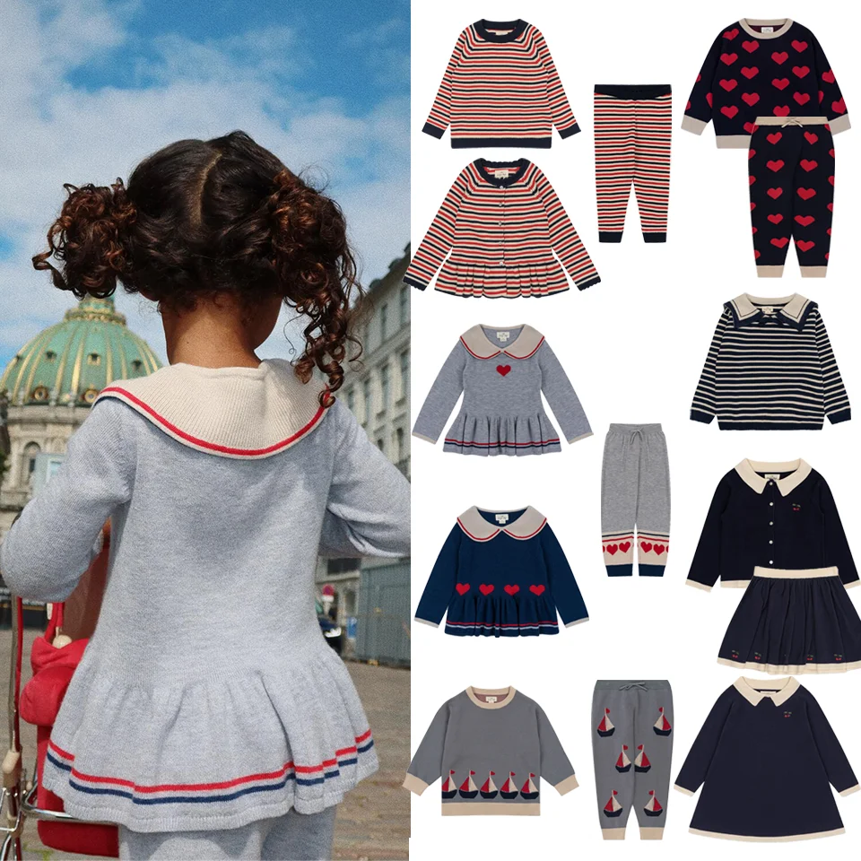 KS Toddler Girl Sweater Pant Suit Kids Knit Sweater Navy collar Sailboat Long Sleeve Kids Pullover Children Clothes Set