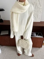 Bornladies  Autumn Winter Fashion Women's New Cable Knit Sweater Wide Leg Pants Set Soft Wool Blend Loose Fit High Neck Pullover