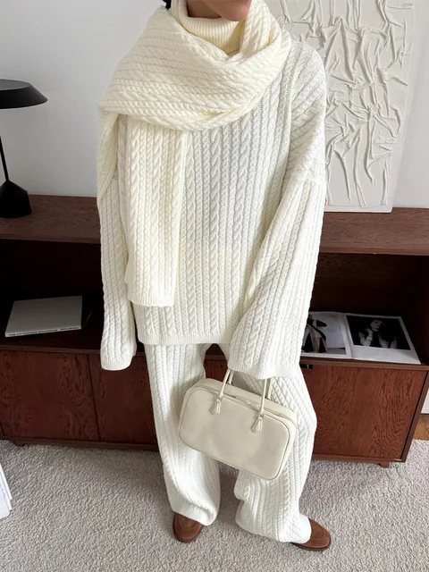 Bornladies  Autumn Winter Fashion Women's New Cable Knit Sweater Wide Leg Pants Set Soft Wool Blend Loose Fit High Neck Pullover