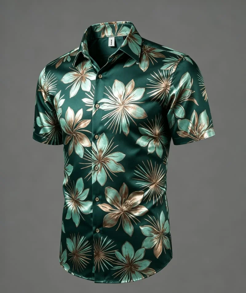 Men Lapel Collar Short Sleeve Shirt Navy Purple Gradient Iris Floral Print Loose Button Front Fashion Casual Shirts