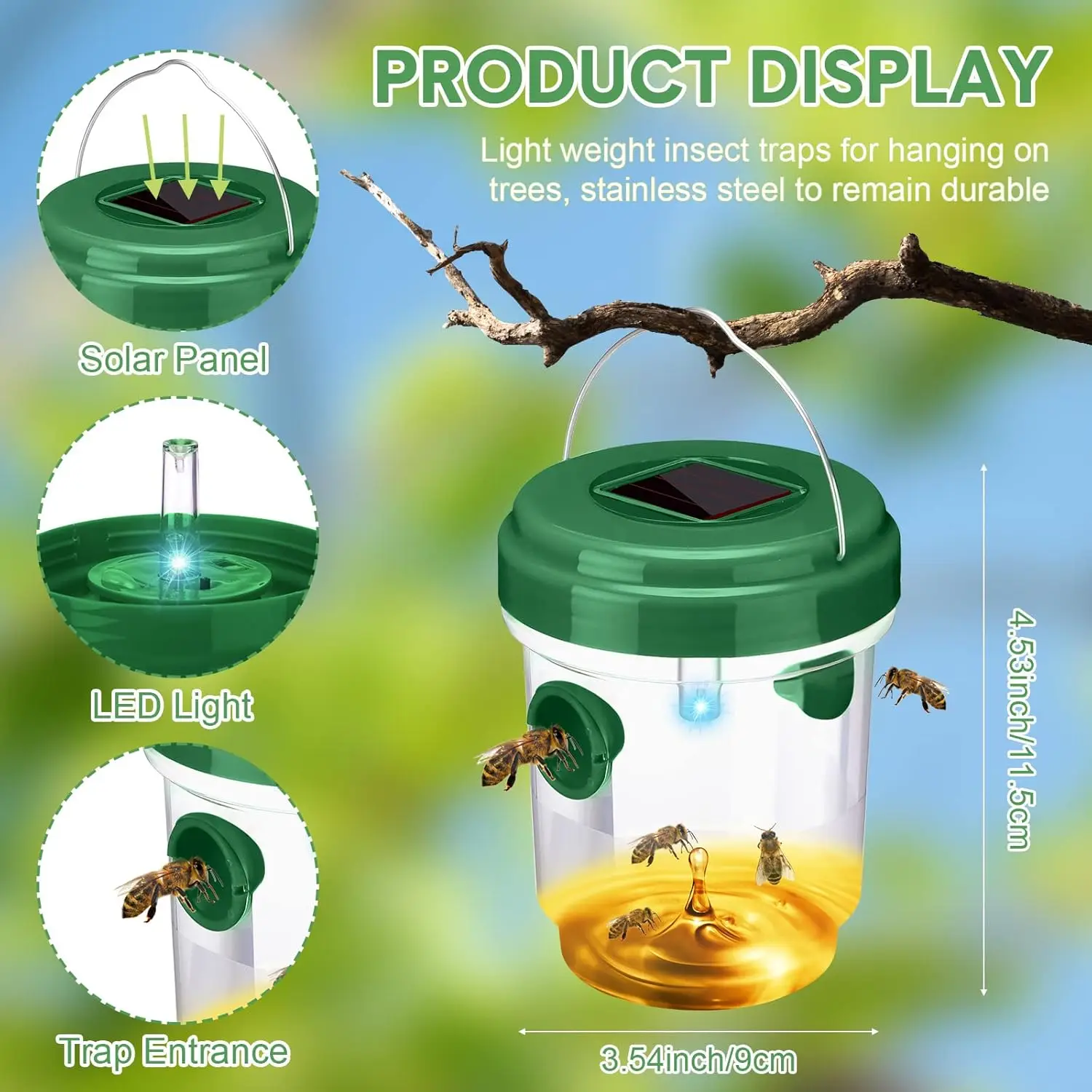 Reusable Fly Traps Outdoor Hanging Wasp Killer with UV LED Light Flying Insect Bee Killer for Indoor Outside Patio Home