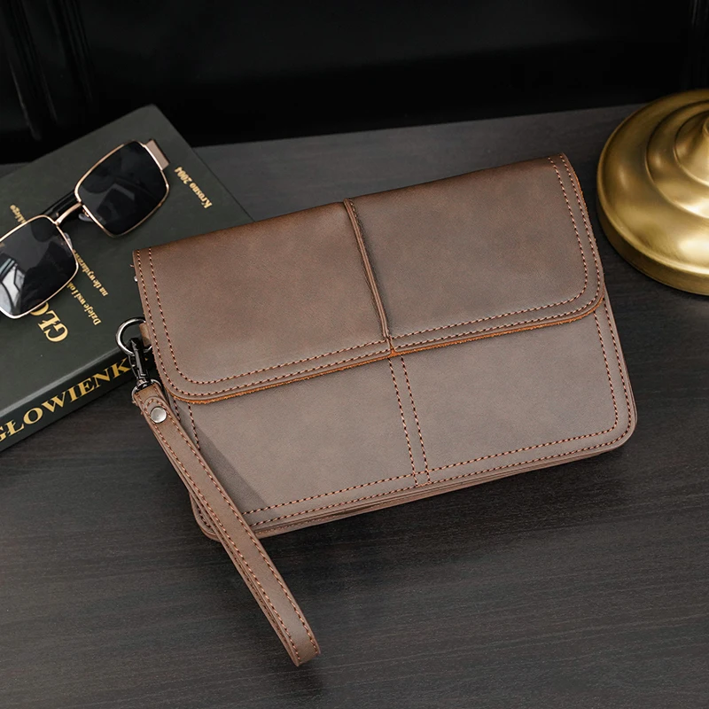 2024 New Fashion Men\'s Handbag Retro Men\'s Bag Large  Clutch Handbag Envelope Crazy Horse PU Soft Leather Casual Clip Bag